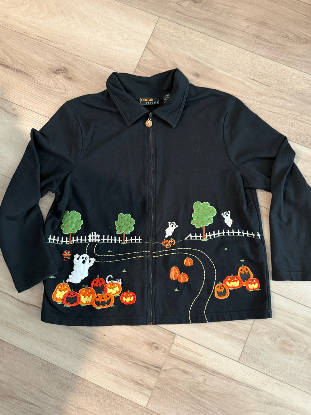 Vintage Onque Casuals Halloween Zip Sweater Large Embroidered 3/4 Sleeve